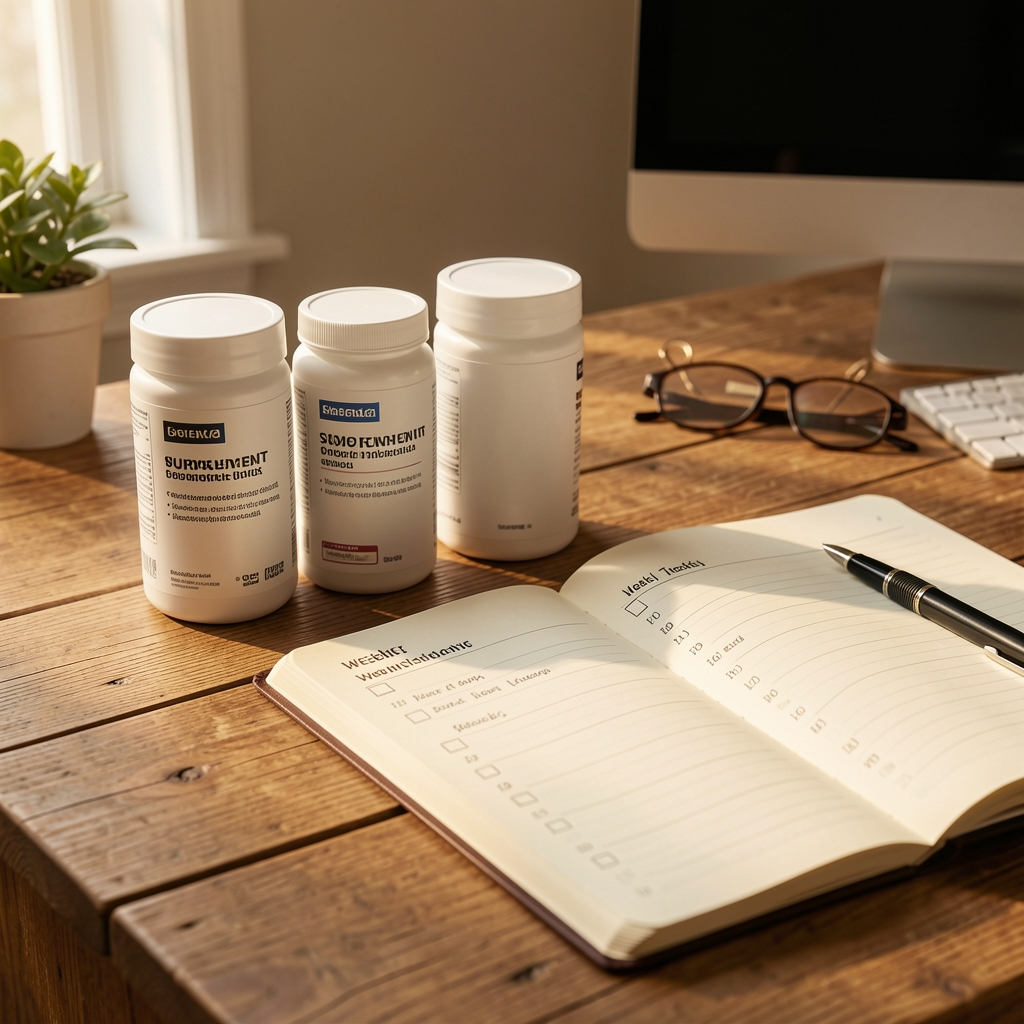 Supplement containers on a wooden desk with a journal open to a weekly tracking page, morning desk setup in warm light