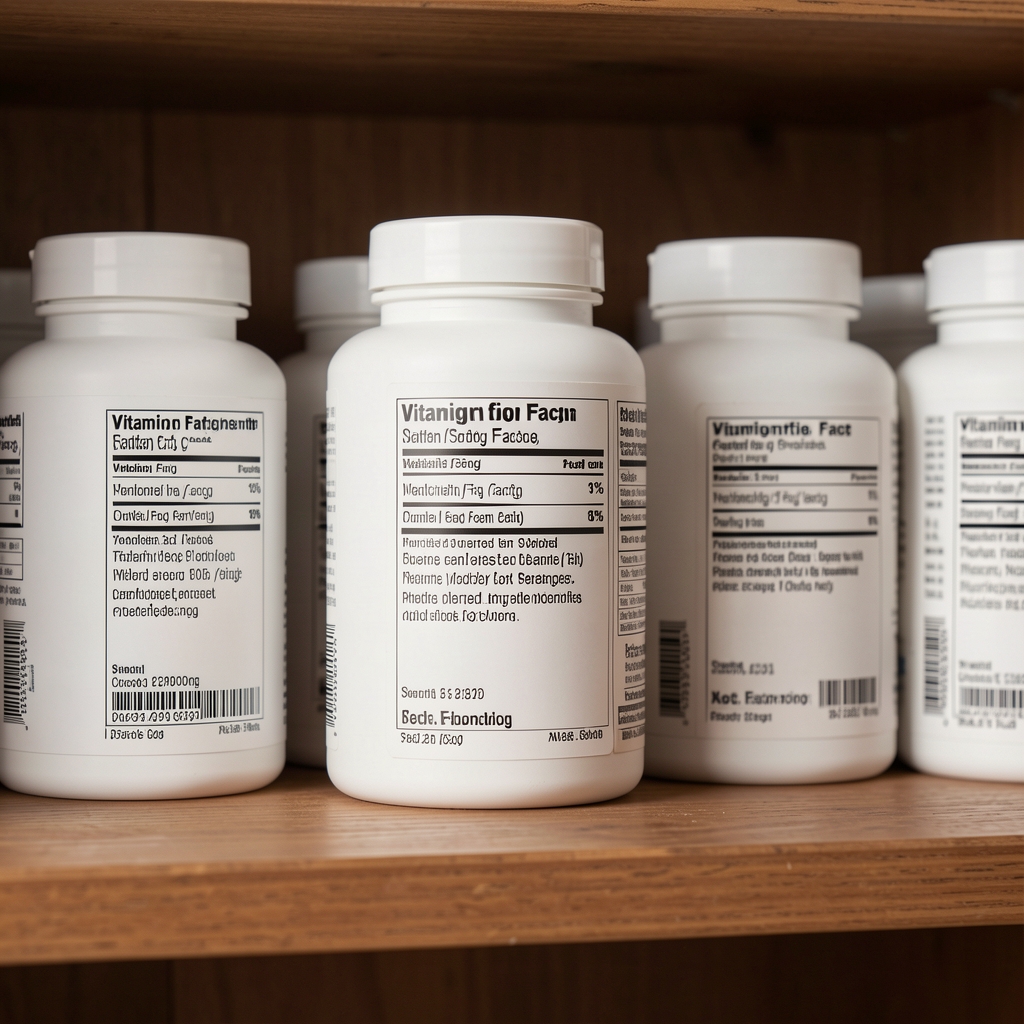 Close-up of vitamin supplement labels on a wooden shelf in soft editorial studio light, minimal composition