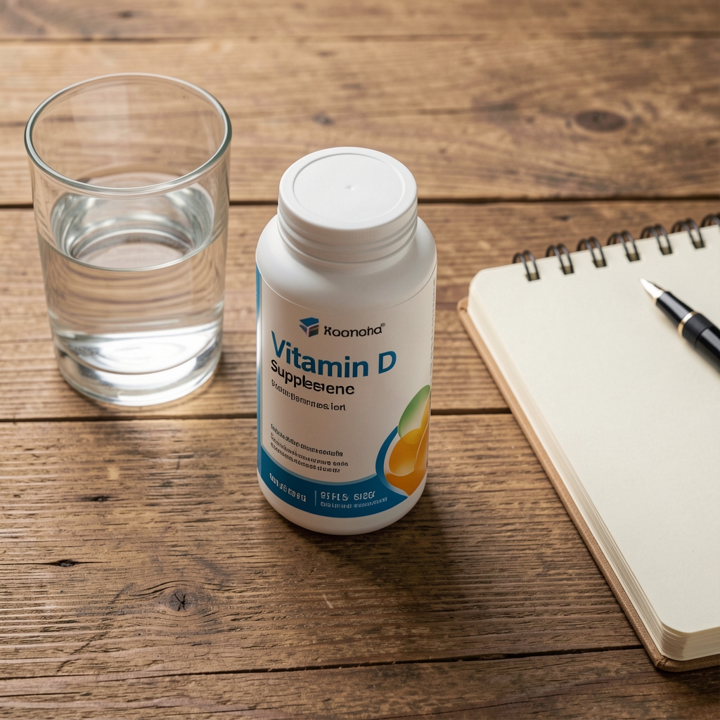 Vitamin D supplement container on a wooden desk beside a glass of water and a morning journal, editorial flat lay