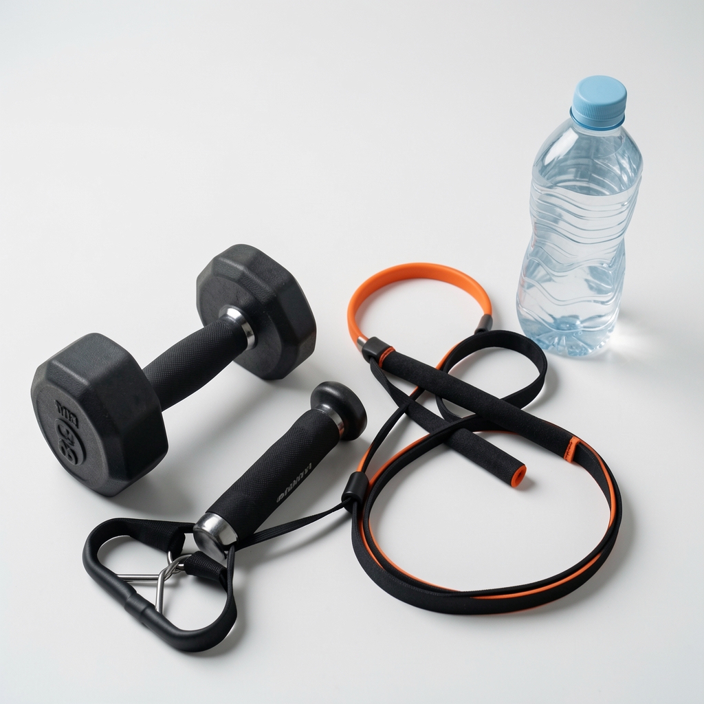 Weights and a resistance band arranged on a clean studio surface with a water bottle, editorial flat lay composition