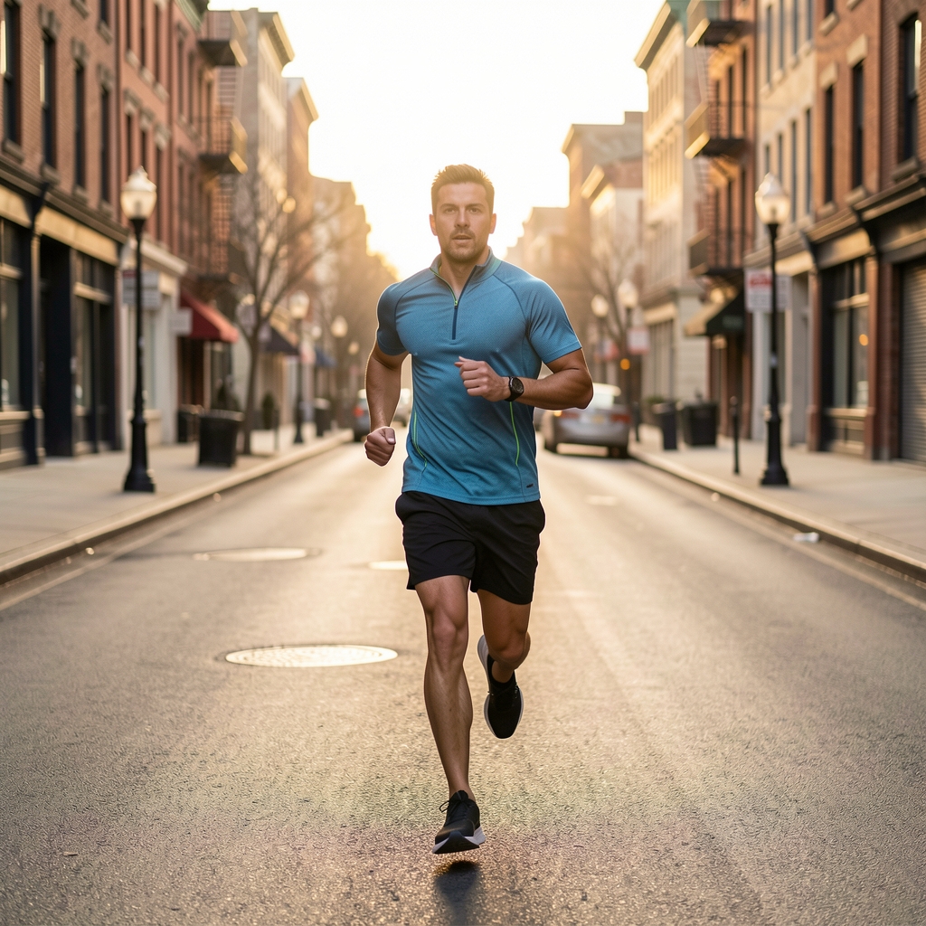 Morning run on an empty urban street at early light, active lifestyle editorial composition