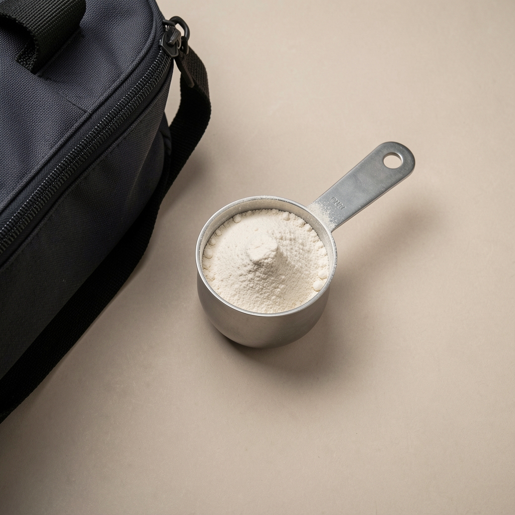 Protein powder measuring scoop on a neutral surface beside a gym bag, editorial overhead composition
