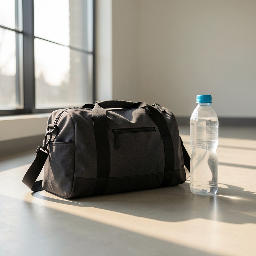 Active lifestyle composition showing a gym bag and water bottle on a clean floor with morning light through a window