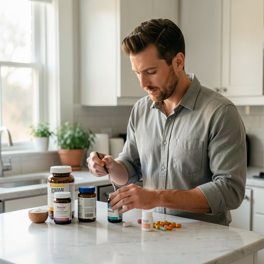 Man preparing morning supplement routine at a kitchen counter in soft daylight, editorial documentary composition