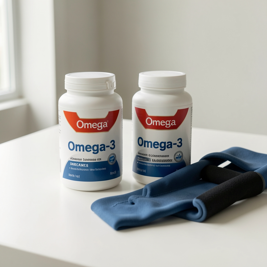Omega-3 supplement containers and a resistance band on a clean minimal surface with soft natural light