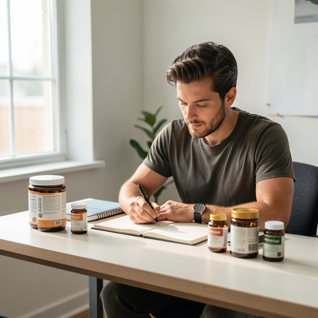 Man journalling at a minimal desk with supplement containers in soft morning daylight, editorial composition